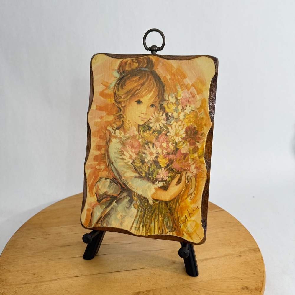 Mid-Century Modern 1960’s Wood Art Girl with Bouquet Paint Print  Decoupage